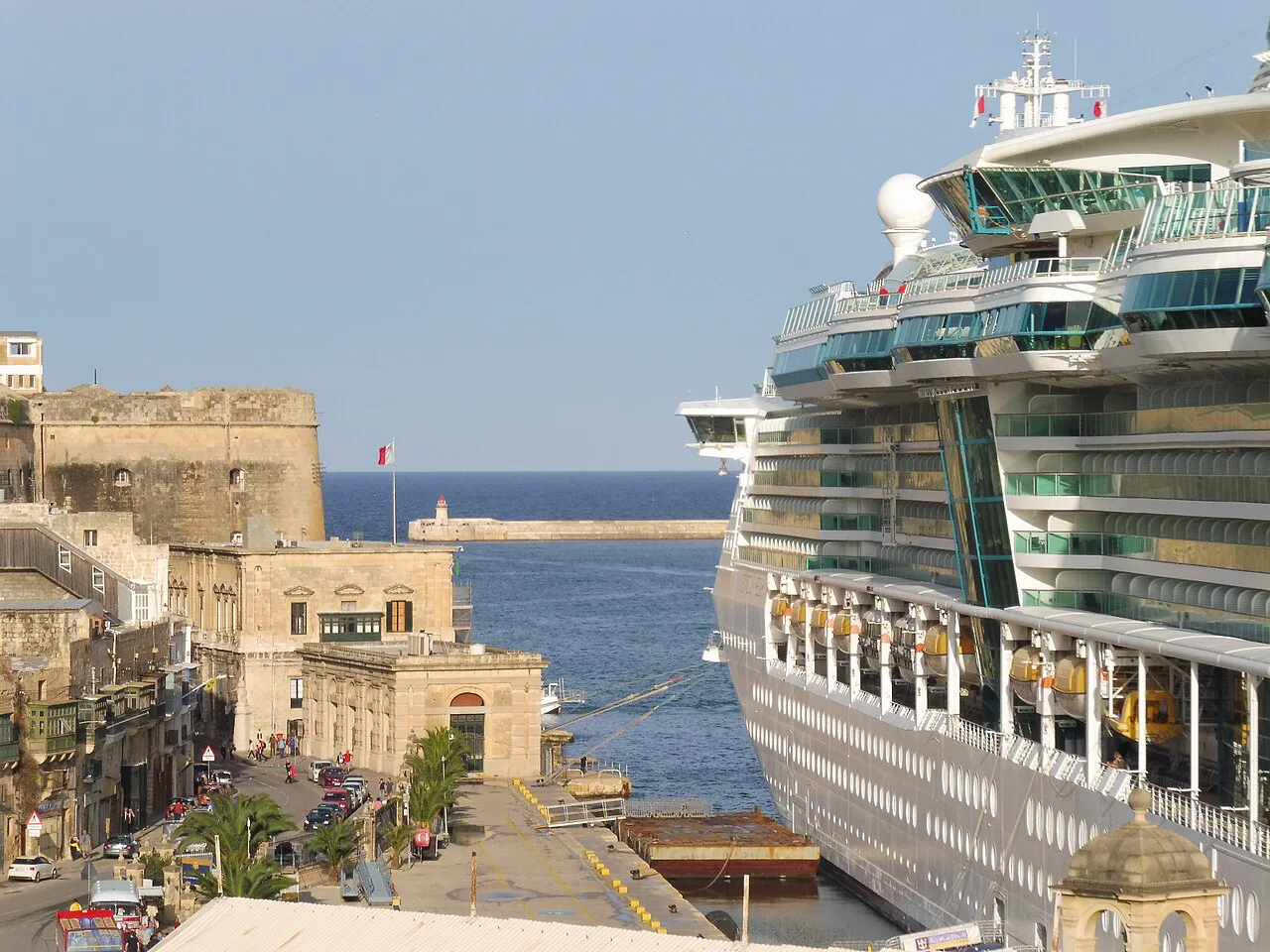 A cruise ship berthed at the Valletta Waterfront.