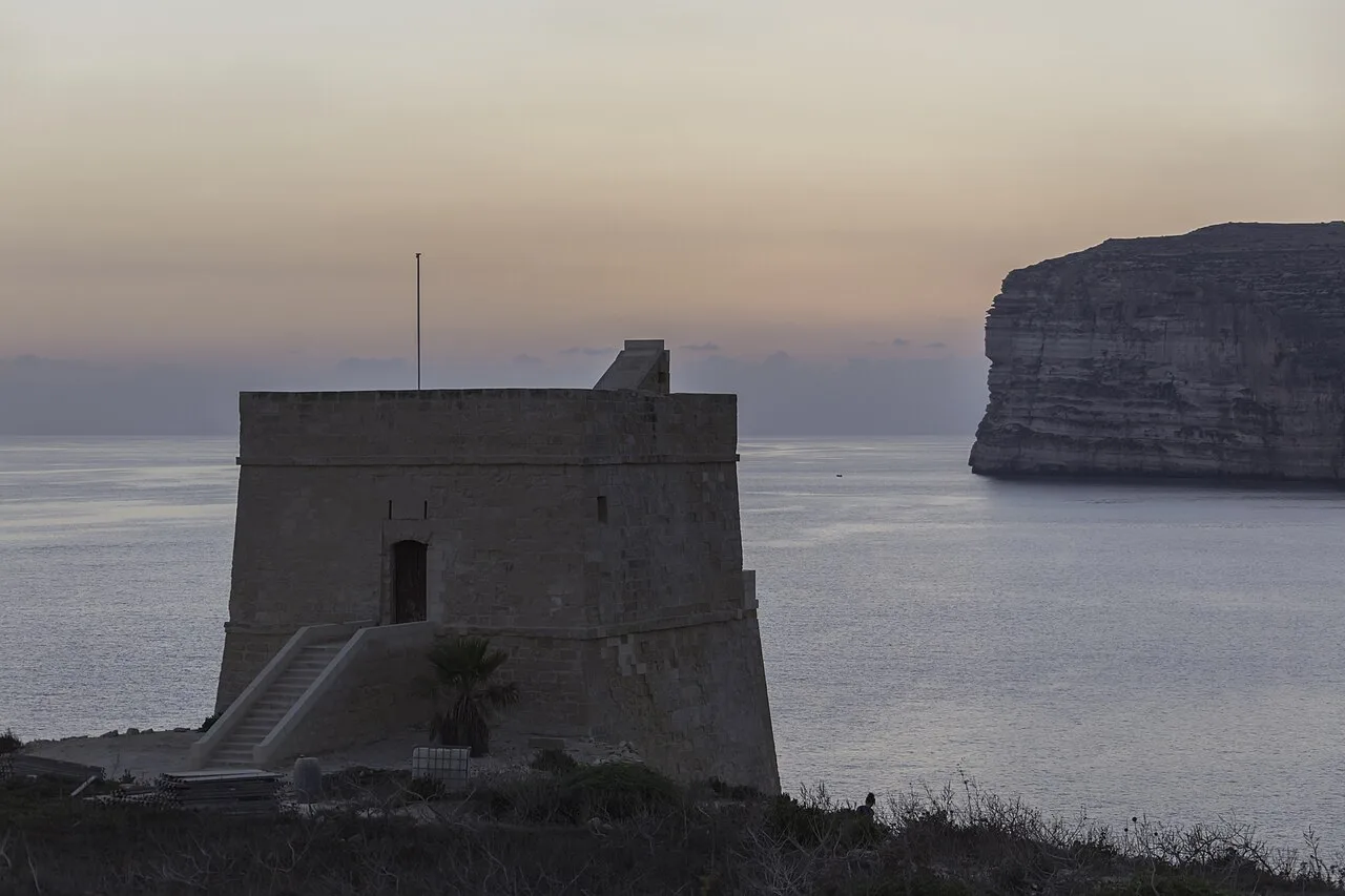 Xlendi Tower on the cliffs above Xlendi, Gozo.