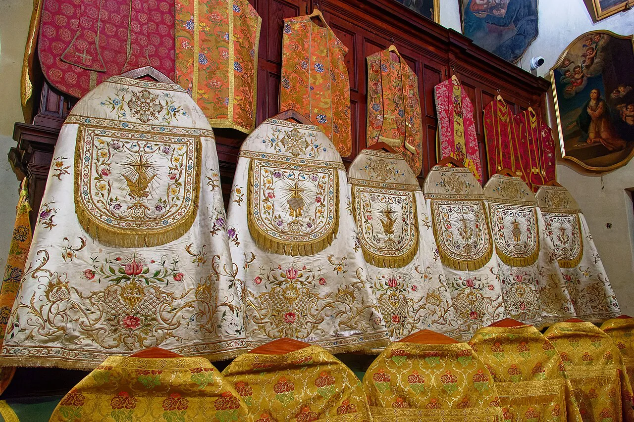 Liturgical vestments on display at St Philip's Parish Church in Żebbuġ.